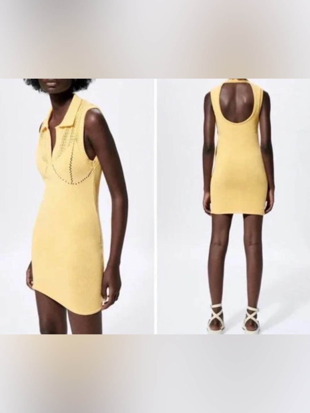 Zara Yellow Knit Polo Dress with Cutwork Details BodyCon Mini Size Large - Picture 1 of 7